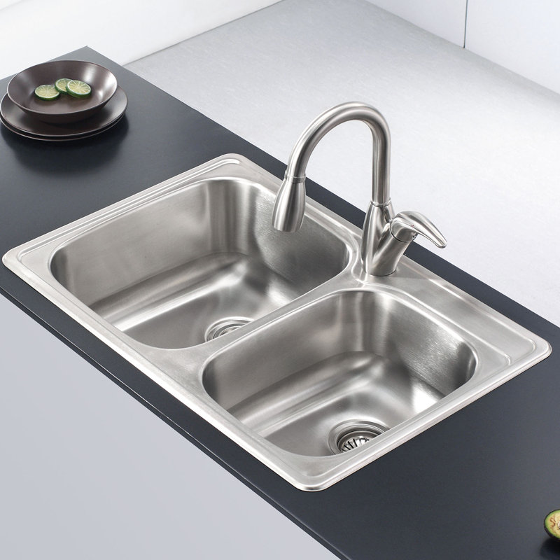 Stainless Steel 33" L x 22" W Double Basin Drop-In Kitchen Sink Stainless Steel Sink 33 X 22